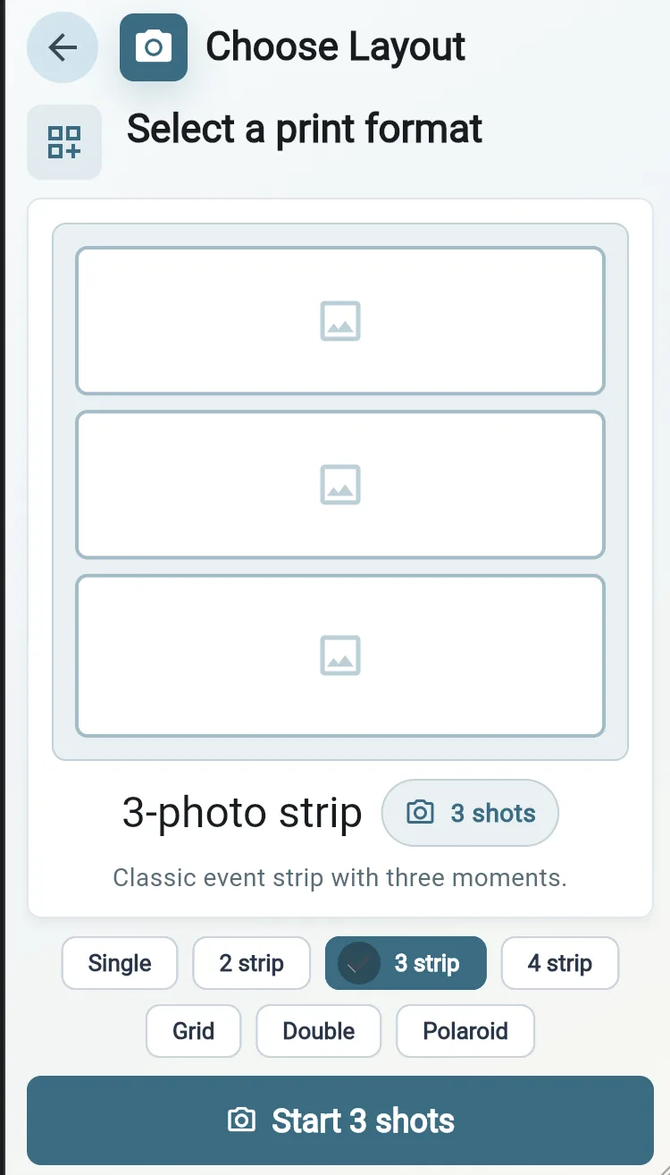 Thermal photobooth print layout selection screen