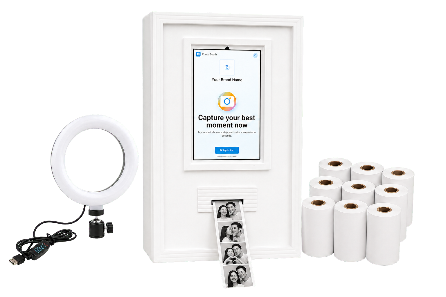 Complete YowtoBooth package with touchscreen booth, ring light, and thermal paper