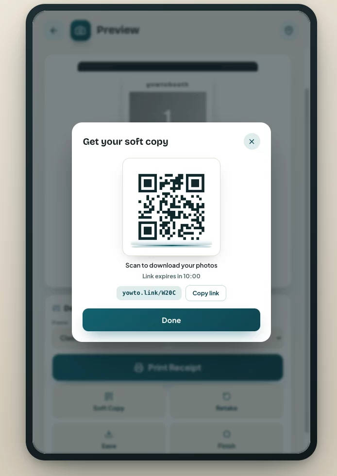 Latest YowtoBooth QR soft-copy delivery screen