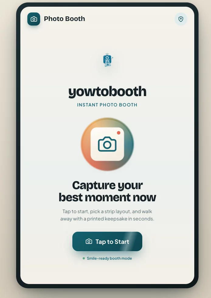 Latest YowtoBooth Tap to Start welcome screen